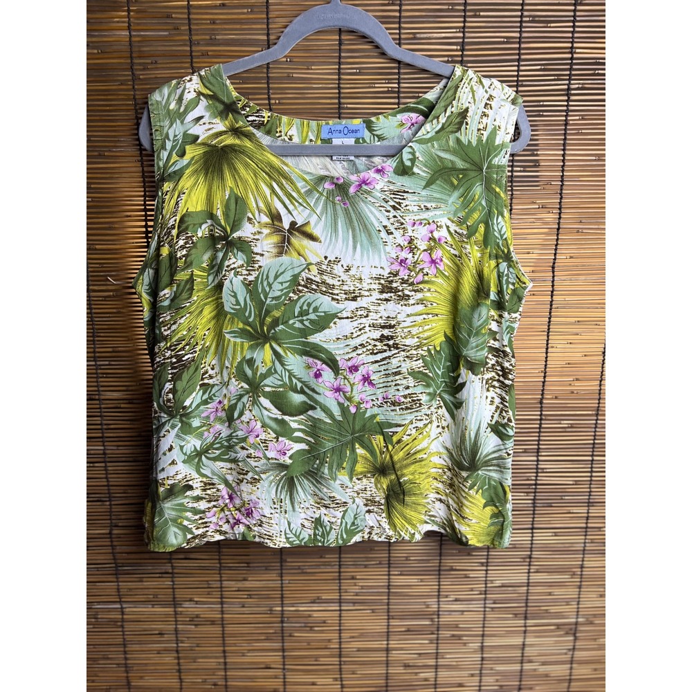Anna Ocean Womens Large Tropical Palm Floral Rayon Sleeveless Tank Top Green L